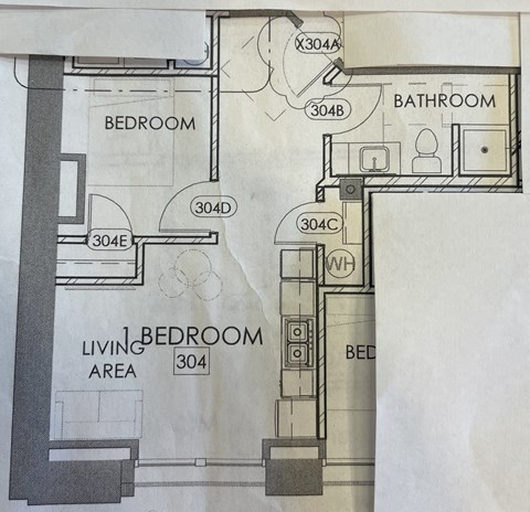 Floor plan for 1 bed, 1 bath, 591 sqft